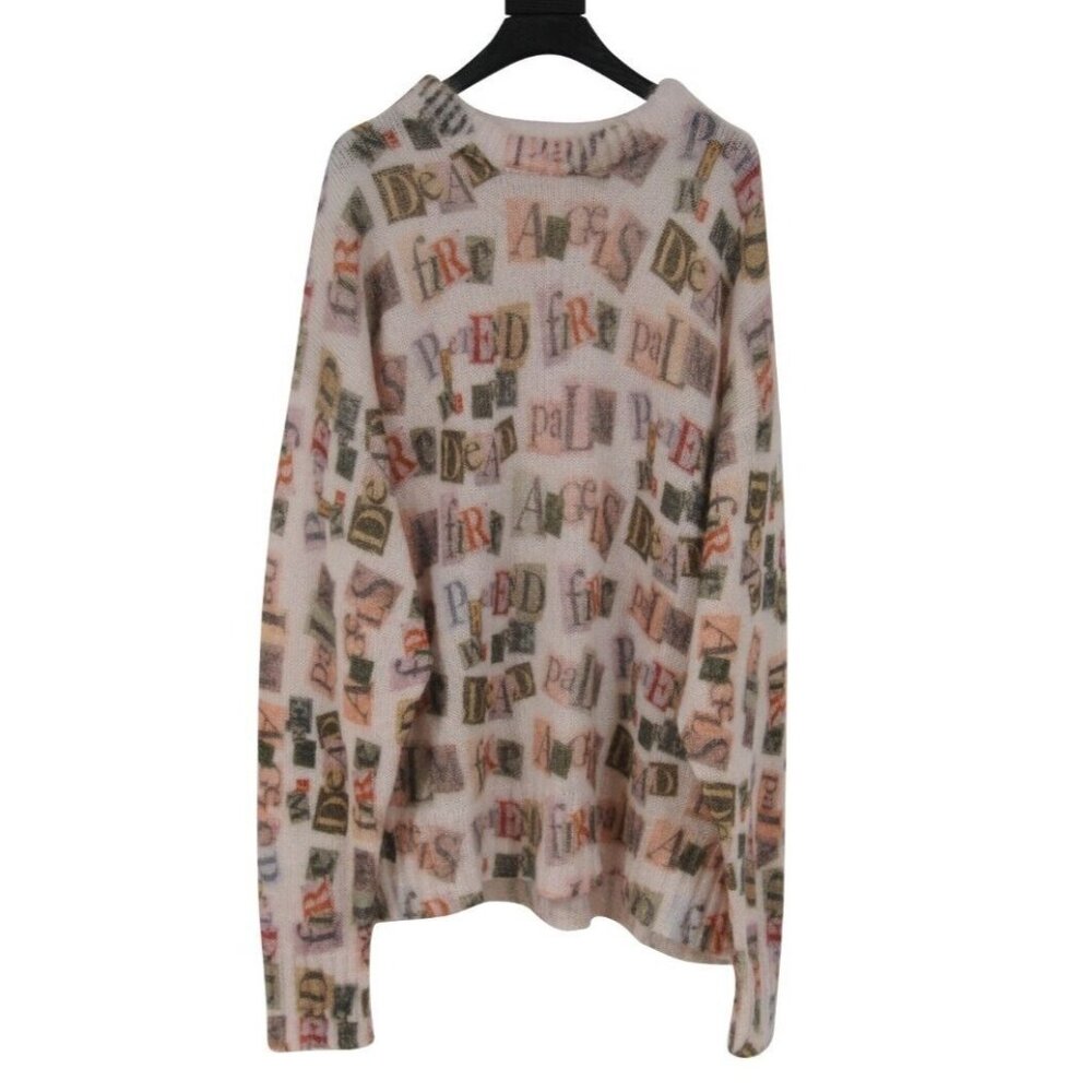 Palm Angels Mens Ransom Note All OVer Logo Sweater Pullover Medium Gray Mohair